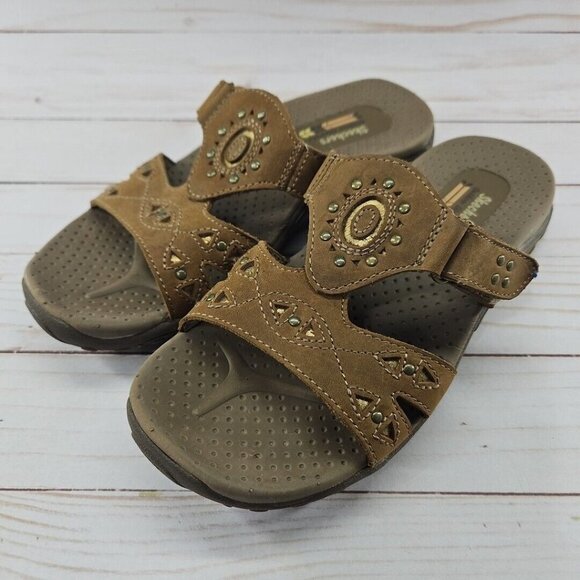 Skechers Reggae Trench Town Womens 6 Brown Leather‎ Slide Sandals Slip On 40871 - Picture 1 of 10